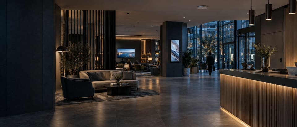Modern hotel environment with reception, lounge, displays, wireless access and a fine diagram linking connected systems.