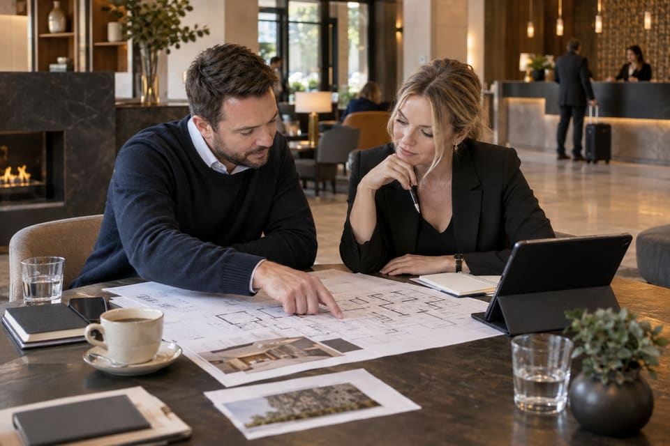 Two people reviewing a hotel floor plan together in a lobby meeting area.