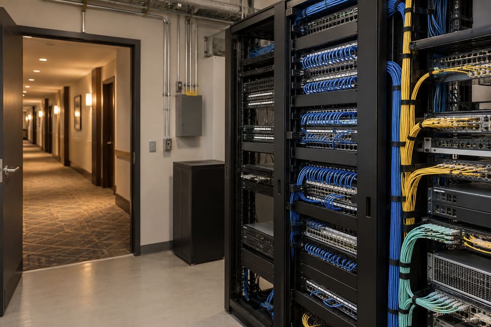 Hotel comms-room racks with network cabling beside a corridor.