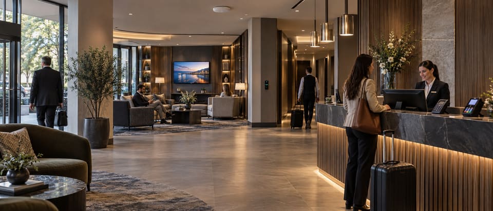 Hotel lobby with reception systems, guest payment terminal, digital display, corridor access reader and ceiling wireless access point.