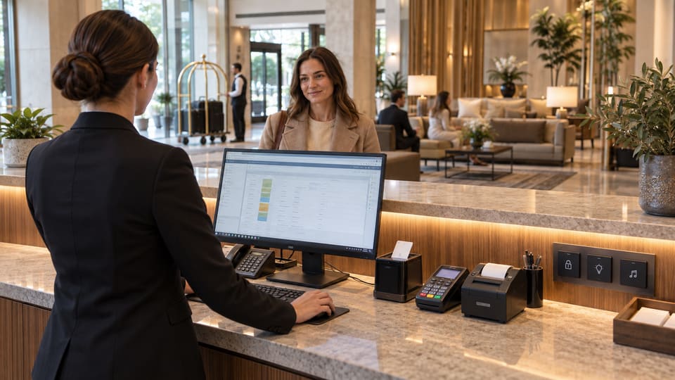 Standing receptionist using a hotel workstation with computer, desk phone, keycard encoder, payment terminal, printer and building controls.