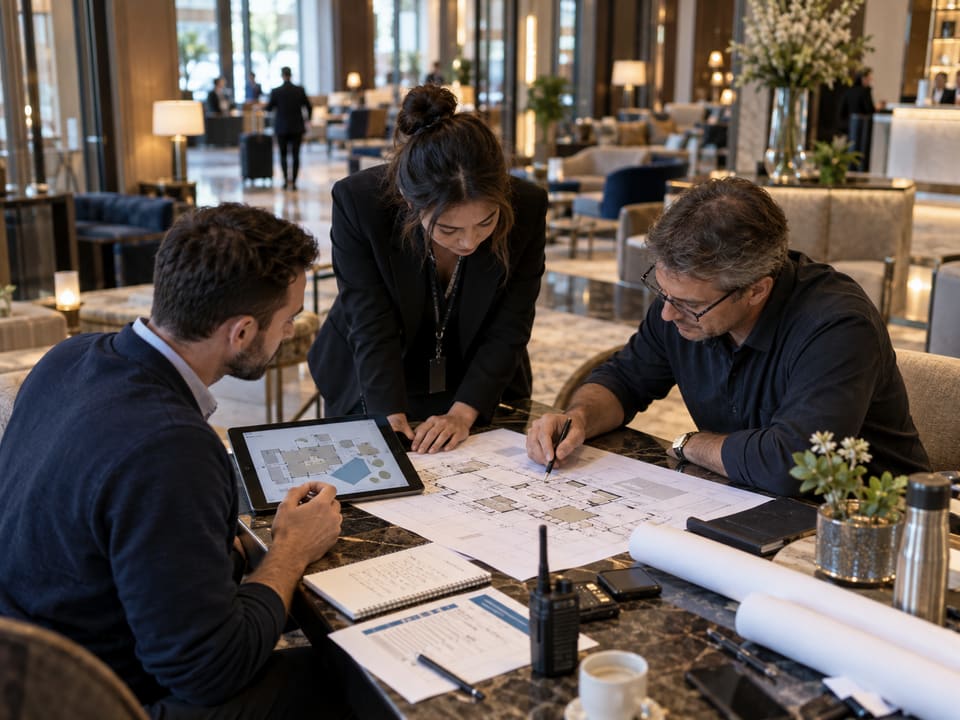 Technical project collaborators reviewing a site plan and delivery information in an operating hospitality environment.